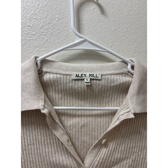 ALEX MILL Suzanne Ribbed Knit Short Sleeve Button Front Polo Top Shirt Ivory S - Picture 4 of 5